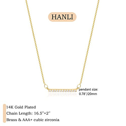 HANLI 14K Gold Plated Necklaces for Women - Dainty Butterfly, Star of David, Moon and Star, Sun, Lotus, Infinity, Hummingbird, Bee,Boots,Chill,Sunflower Pendant Designs - Elegant Jewelry for Women - color: Bar CZ