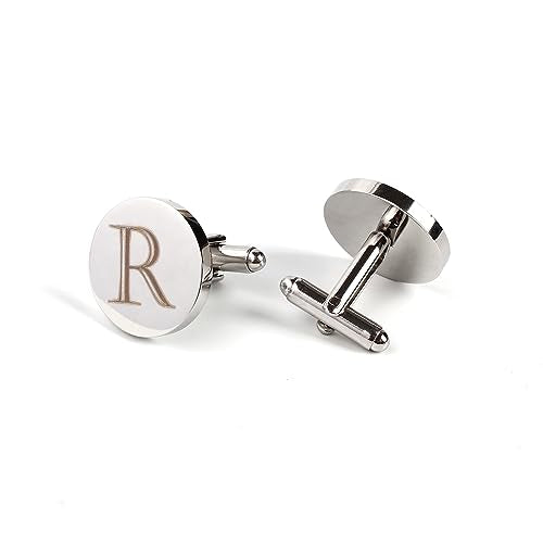 Mens Initial Silver Cufflinks A-Z Alphabet Letter Steel Cuff Links with Engraved Walnut Wood Box Groom Groomsman Wedding Set… - style: R