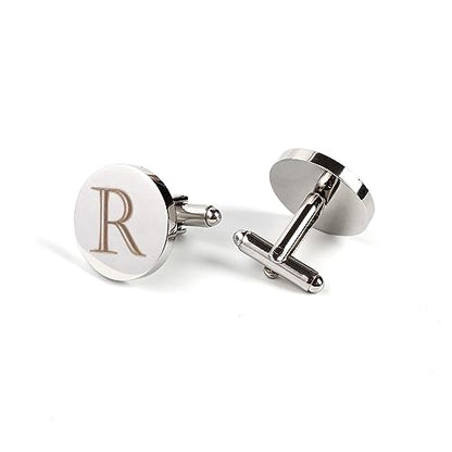 Mens Initial Silver Cufflinks A-Z Alphabet Letter Steel Cuff Links with Engraved Walnut Wood Box Groom Groomsman Wedding Set… - style: R