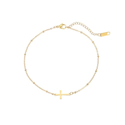 NONAMOIS Ankle Bracelets for Women Dainty 18K Gold Plated Anklet Waterproof Round Beaded Paperclip Herringbone Pearl Chain Anklets Waterproof Beach Foot Jewelry - color: Satellite Cross-Gold