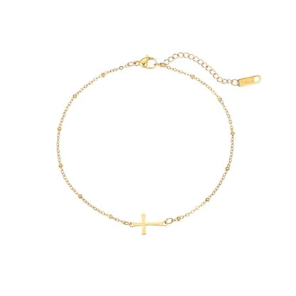 NONAMOIS Ankle Bracelets for Women Dainty 18K Gold Plated Anklet | Stainless Steel Waterproof Satellite Beaded Pearl Star Cross Chain Anklets Non Tarnish Summer Beach Foot Jewelry Gifts - color: Satellite Cross-Gold