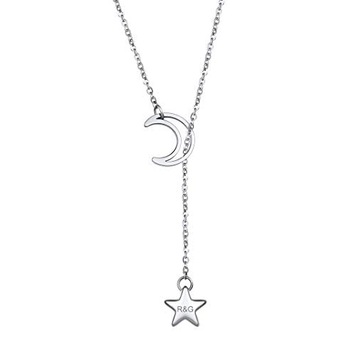 GOLDCHIC JEWELRY Dainty Y Necklace For Women, Gold Layered Choker Lariat Necklaces, Looped Long Lariat Y Bar/Lock/Peal/Star/Rose Chain Personalized Minimalist Gifts for Women - color: Silver - Crescent Star, style: Y Necklace - Personalised Engraved