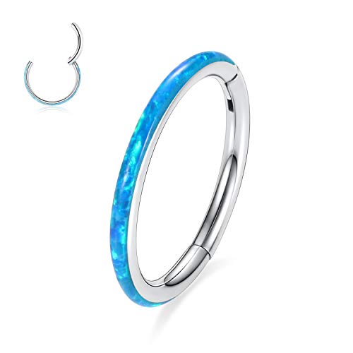 AROWRO Nose Rings Hoops with Opal Hinged Nose Rings for Women Surgical Steel Septum Rings 16G 18G 20G Conch Helix Daith Piercing Jewelry Diameter 6mm-12mm - color: Silver&Blue Opal, size: 16G(1.2mm)-8mm