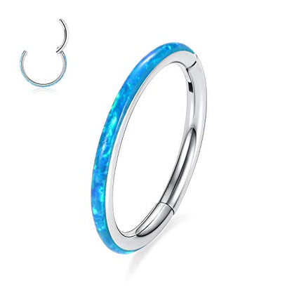 AROWRO Nose Rings Hoops with Opal Hinged Nose Rings for Women Surgical Steel Septum Rings 16G 18G 20G Conch Helix Daith Piercing Jewelry Diameter 6mm-12mm - color: Silver&Blue Opal, size: 16G(1.2mm)-10mm