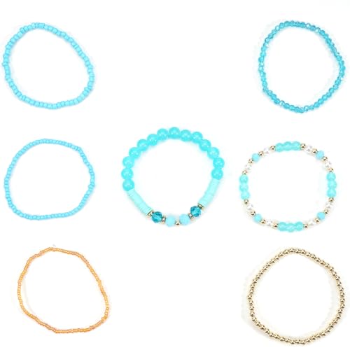 7Pcs Bohemia Multilayer Stackable Crystal Beaded Bracelet Set Multicolor Surfer Heishi Clay Gold Beaded Friendship Stretch Bracelets for Women Men Summer Beach Boho Vacation Jewelry Gifts - color: Z-Blue