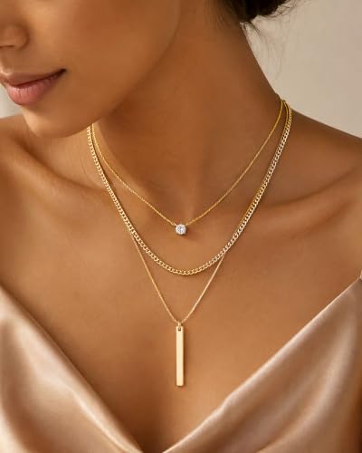 Gold Necklace Stack, Layered Gold Necklaces for Women Jewelry Set | 14K Gold Plated, Separate Chains, Pendant, Dainty, Non Tarnish, Delicate, Chain, Multi, Gift - color: 3 Layer-Bar Gold