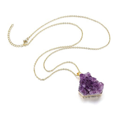 Jovivi Natural Amethyst Cluster Crystal Necklace for Women Men,Irregular Raw Rough Amethyst Quartz Stone Pendant Necklace Jewelry for Spiritual Reiki Healing,Beauty, Love and Positive Energy - color: Gold Plated