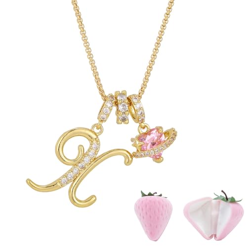 Initial Letter Necklace with Pink Heart Charm, Sparkling Zircon Alphabet Pendant in Gold or Silver Tone, Sweet Style Jewelry with Gift Box, Letter Chain for Daily Wear and Gift - color: Gold+Pink Box, size: #X