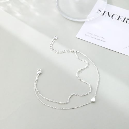 MFRYK Gold Ankle Bracelets for women,14k Gold/Silver Plated Waterproof Layered lightweight Cuban Link Figaro Chain Heart anklet butterfly anklet Pearl Ankle Bracelets Set Gold Anklets for women Trendy Jewelry Gift for Women - style: 2 anklets layered hear