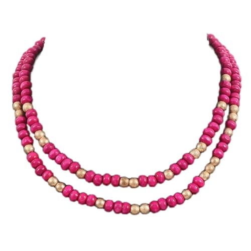 Boho Colorful Wood Beaded Choker Necklace Vintage Layered Wooden Beads Chain Necklace Collar for Women Statement Jewelry Gift - color: Rose Red