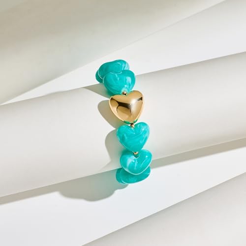 WOWORAMA Chunky Beaded Bracelets for Women Colorful Large Square Beads Bracelet Boho Acrylic Resin Stretch Bracelets Statement Chunky Bracelet Summer Jewelry - color: Heart-Blue