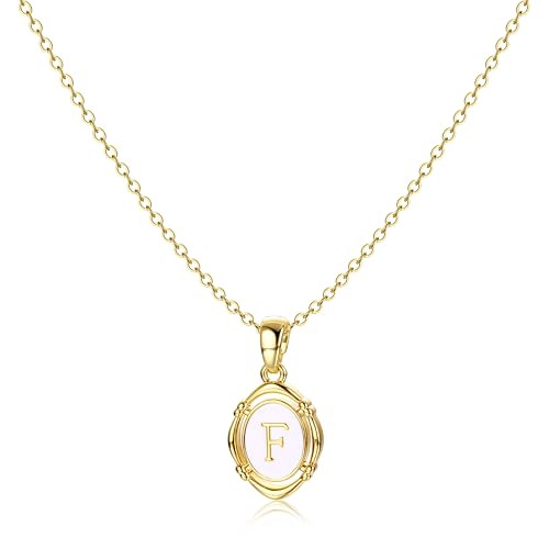 14K Gold Plated Initial Necklaces for Women, Letter Charm Pendant Necklace | Dainty Oval White Enamel Personalized Name Necklace, Trendy Jewelry with 16 inches Chain and 2 inches Extender - color: F