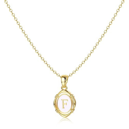 14K Gold Plated Initial Necklaces for Women, Letter Charm Pendant Necklace | Dainty Oval White Enamel Personalized Name Necklace, Trendy Jewelry with 16 inches Chain and 2 inches Extender - color: F