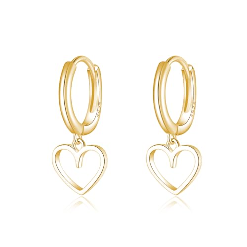Reffeer Solid 925 Sterling Silver Heart Drop Earrings Hoop for Women Teens Heart Hoop Earrings Huggie Drop Earrings - color: B-Yellow