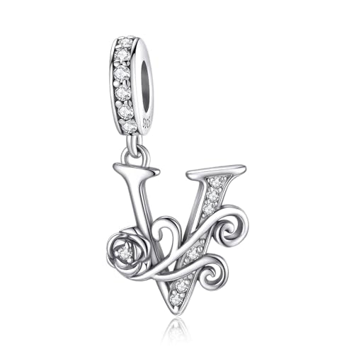 LNQOBU Complete A~Z Alphabet Charm Letter Beads, Solid 925 Sterling Silver with Cubic Stones Rose Alphabet Charm fits Pandora Bracelets Necklace Women Jewelry - color: CYT-V