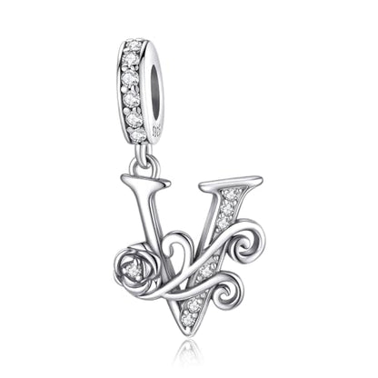 LNQOBU Complete A~Z Alphabet Charm Letter Beads, Solid 925 Sterling Silver with Cubic Stones Rose Alphabet Charm fits Pandora Bracelets Necklace Women Jewelry - color: CYT-V