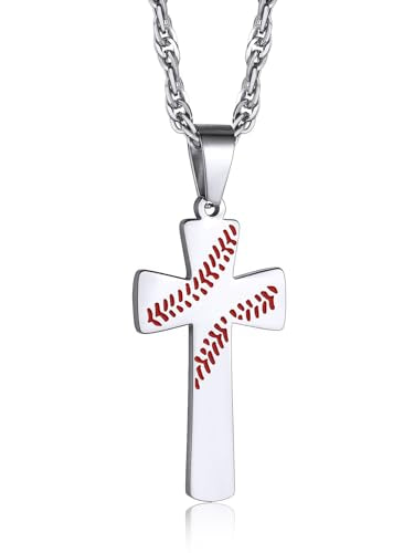 GOLDCHIC JEWELRY Sport Necklaces for Men Teen, Football Baseball Soccer Basketball Softball Necklaces with Stainless Steel Chain Athlete Jewelry Sports Fan Gift - color: Baseball Pattern Cross-Steel, style: NO Engraving