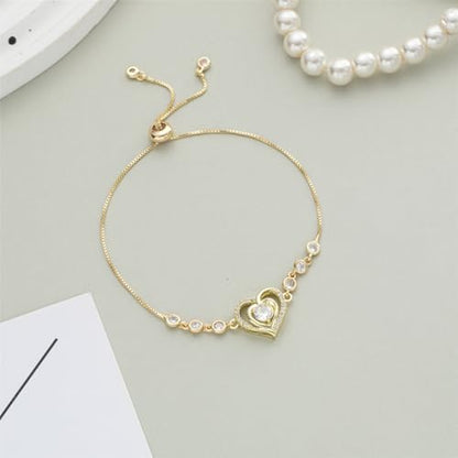 14K White Gold Plated Heart Bracelet for Women, Zircon Inlay Love Heart Charm Chain Bracelet Bangle with Adjustable Length - color: gold-white