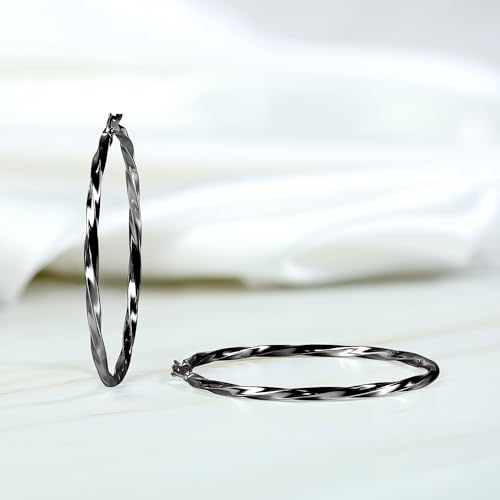 Hoops & Loops 925 Sterling Silver Twisted Hoop Earrings for Women - Hypoallergenic 14K Gold, Rose Gold, Black Flash Plated 2mm Thin Twist Design Round Click-Top Hoops, 15/20/25/30/35/40/50/60mm - color: Black-50mm(1.96inch)