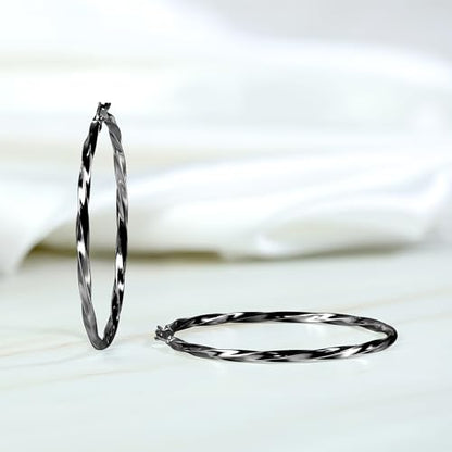 Hoops & Loops 925 Sterling Silver Twisted Hoop Earrings for Women - Hypoallergenic 14K Gold, Rose Gold, Black Flash Plated 2mm Thin Twist Design Round Click-Top Hoops, 15/20/25/30/35/40/50/60mm - color: Black-50mm(1.96inch)