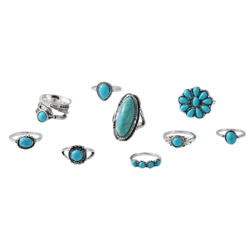 4 Pcs Bohemian Vintage Turquoise Oval Flower Rings for Women Geometric Ethnic Natural Stone Adjustable Silver Joint Knuckle Rings Western Cowgirl Statement Jewelry - color: 9 pcs silver