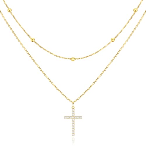 Poxtex Cross Necklace for Women Teen Girls, Dainty 14K Gold Silver Plated Cross Choker Jewelry Non Tarnish Waterproof Cute Simple Small Necklace Christian Baptism Religious Faith Jewelry Gifts - color: 07 Stack Cross Necklace - Gold