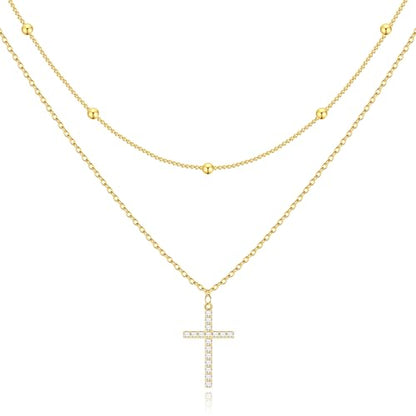 Poxtex Cross Necklace for Women Teen Girls, Dainty 14K Gold Silver Plated Cross Choker Jewelry Non Tarnish Waterproof Cute Simple Small Necklace Christian Baptism Religious Faith Jewelry Gifts - color: 07 Stack Cross Necklace - Gold