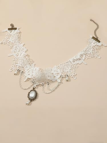 Lace Choker Necklace for Women Tassel Pendant Choker Necklaces Elegant Boho Collar Necklaces Statement Artistic Chain Necklace with Pearl Halloween Party Cosplay Costume Jewelry - color: White Lace-2