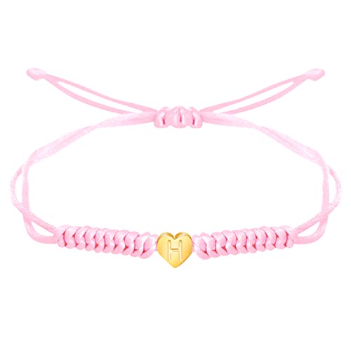 Dainty Gold Heart Love Charm Initial Bracelet Black Pink Red String Rope Letter Bracelet for Women Men Christmas Gift - color: Pink