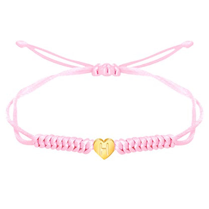 Dainty Gold Heart Love Charm Initial Bracelet Black Pink Red String Rope Letter Bracelet for Women Men Christmas Gift - color: Pink