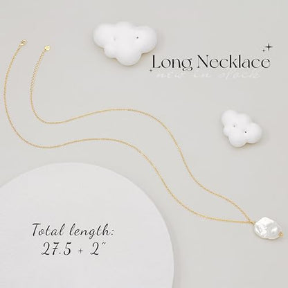 PEARLADA 18k Gold Plated Chain Long Necklace, Boho Sweater Necklace for Women, Geometric Pendant Y Necklace - color: Baroque Pearl