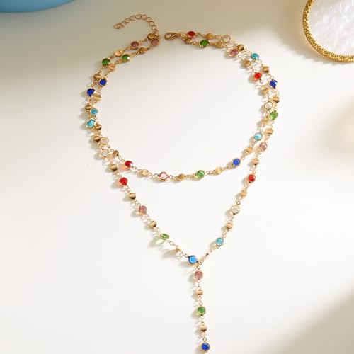 Colorful Rhinestone Long Necklaces for Women,Boho Small Crystal Drop Necklace,Boho Rhinestone Layered Necklaces - color: Golden