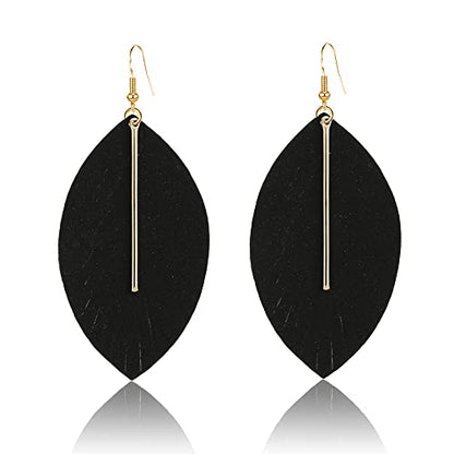 GBAHFY Feather Leather Layered Fringe Earrings for Women Boho Genuine Lightweight Leather Leaf Tassel Dangle Statement Earrings with Metal Bar - color: Black