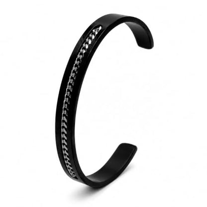 Stainless Steel Cuff Bracelet with Inlaid Chain,Sleek Open Bangle - color: Black Cuff with Single Silver Chain