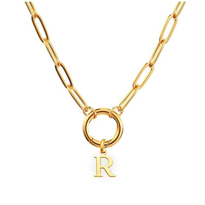 Paperclip Chain Carabiner Initial Charm Holder Necklace by Ginger Lyne | 18K Gold-Plated or Silver Tone Paperclip Chain with Carabiner Charm Holder, Adjustable 18-20 Inch, A-Z Initial Pendant - color: Gold-R