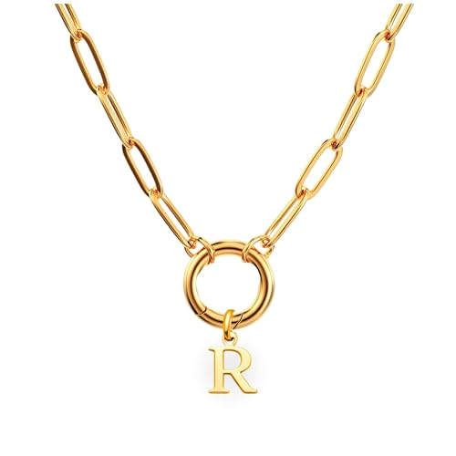 Paperclip Chain Carabiner Initial Charm Holder Necklace by Ginger Lyne | 18K Gold-Plated or Silver Tone Paperclip Chain with Carabiner Charm Holder, Adjustable 18-20 Inch, A-Z Initial Pendant - color: Gold-R