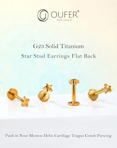 OUFER G23 Titanium Threadless Labret Studs – Flat Back Push Pin Earrings for Tragus, Helix, Monroe, Conch, Lip Piercing – 16G/18G, 6MM/8MM - color: Gold-5Star, size: 18g 6mm