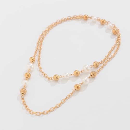 Long Pearl Necklaces for Women Pearl Long Chain Necklace Gold Chain Dainty Delicate Station Necklace Jewelry for Dress Party - color: Gold