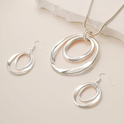 3 Circles Silver Hoop Earrings Necklace Set for Women Geometric Jewelry Set | 925 Silver Hypoallergenic Small Hoop Circle Geometry Textured Finish Minimalist Style Comfortable Wear - style: Silver Two Hoops