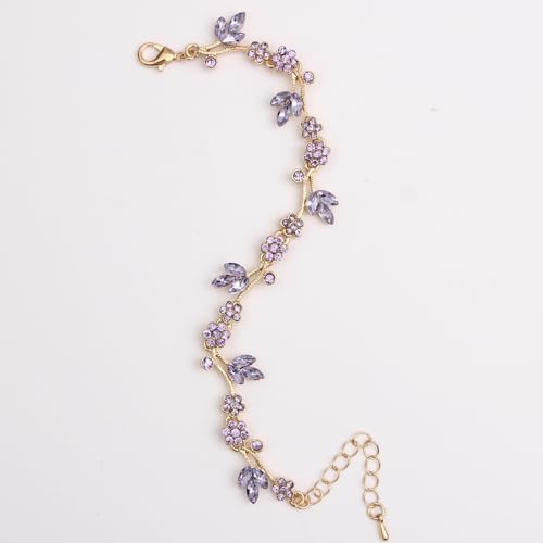 Brides Bridesmaid Flower Leaf Choker Necklace Dangle Earrings Link Bracelet Austrian Crystal Wedding Jewelry Set for Prom Costume Party Accessories for Woman - color: Violet-Gold Plated