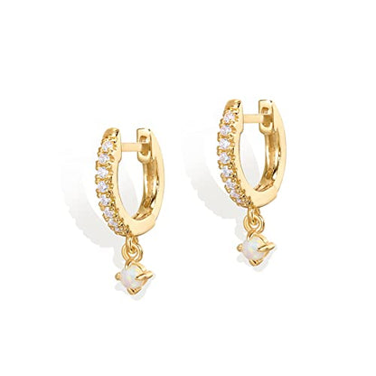 PAVOI 14K Gold Plated Huggie Hoop Earrings with Charms for Women - 925 Sterling Silver Posts Dainty Motif Huggie Hoop Dangle Earrings - Lightweight Dangle Drop Jewelry with Cubic Zirconia - style: Opal