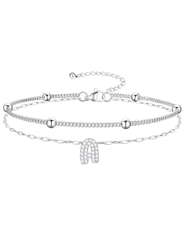 Richsteel Initial Ankle Bracelets for Women Waterproof, 14K Gold Plated/Silver Stainless Steel Anklets, Dainty Adjustable Layered Anklets with Bubble Letter, Non Tarnish Summer Beach Jewelry with Gift Box - color: A-Silver