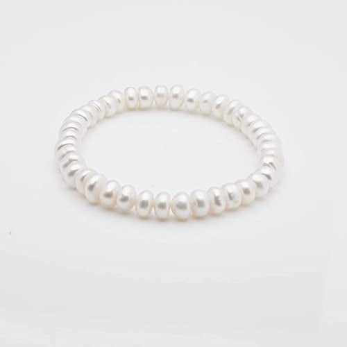 Handmade Women's Pearl Bracelet | Stretchy Beaded 8-9mm Baroque Pearl Bracelet for Ladies and Girls - Pink, Black, White, Grey, Multicolor - color: White Button Pearl