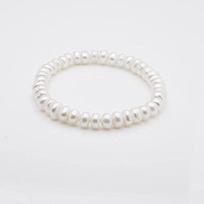 Handmade Women's Pearl Bracelet | Stretchy Beaded 8-9mm Baroque Pearl Bracelet for Ladies and Girls - Pink, Black, White, Grey, Multicolor - color: White Button Pearl