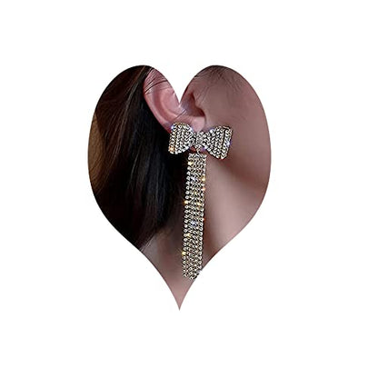 Long Fashion Bow Tassel Earrings Full Diamond Earrings Rhinestone Long Tassels Dangle Earrings for Women Girls - color: Gold