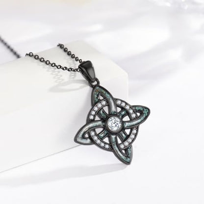 Witch Necklace 925 Sterling Silver Pentagram Triple Moon Pentacle Pendant Wiccan Pagan Jewelry Witchy Gifts for Women - style: Witches Knot-Turquoise Zircon