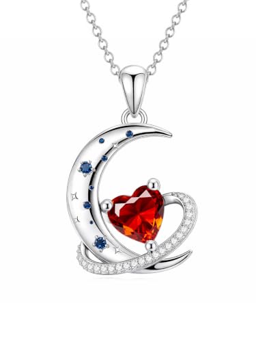 Birthstone Necklace for Women White Gold Moon and Star Pendant Moon Jewelry Anniversary Birthday Gifts for Mom Wife Her - color: 07. July - Ruby
