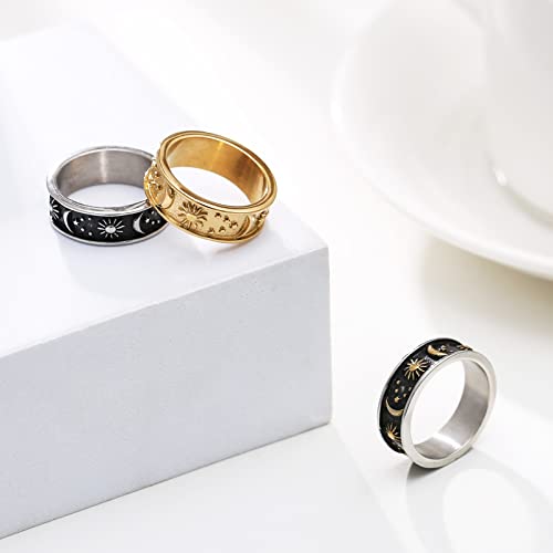 HZMAN 8mm Moon Star Sun Statement Ring Stainless Steel Boho Jewelry for Women Men - color: Three Color Moon Star Sun Ring
