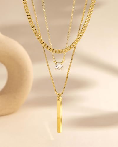 Gold Necklace Stack, Layered Gold Necklaces for Women Jewelry Set | 14K Gold Plated, Separate Chains, Pendant, Dainty, Non Tarnish, Delicate, Chain, Multi, Gift - color: 3 Layer-Bar Gold