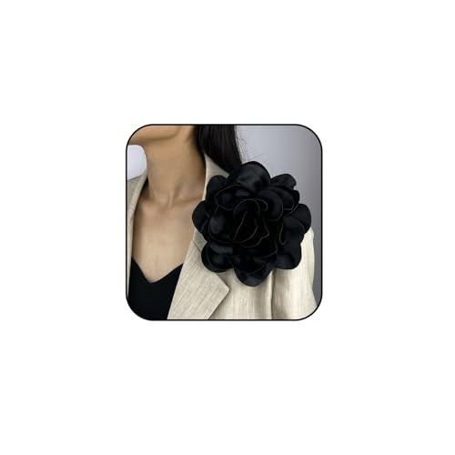Dainty Satin Fabric Rose Flower Brooches 7.5in Extra Large Big Camellia Flower Brooches Lapel Pins for Women Wedding Party Dance Dress Clothes Accessories - color: Black
